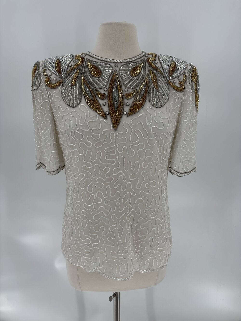 Vintage Laurence Kazar Blouse Womens Small White Gold Silk Beaded 80s Sequins